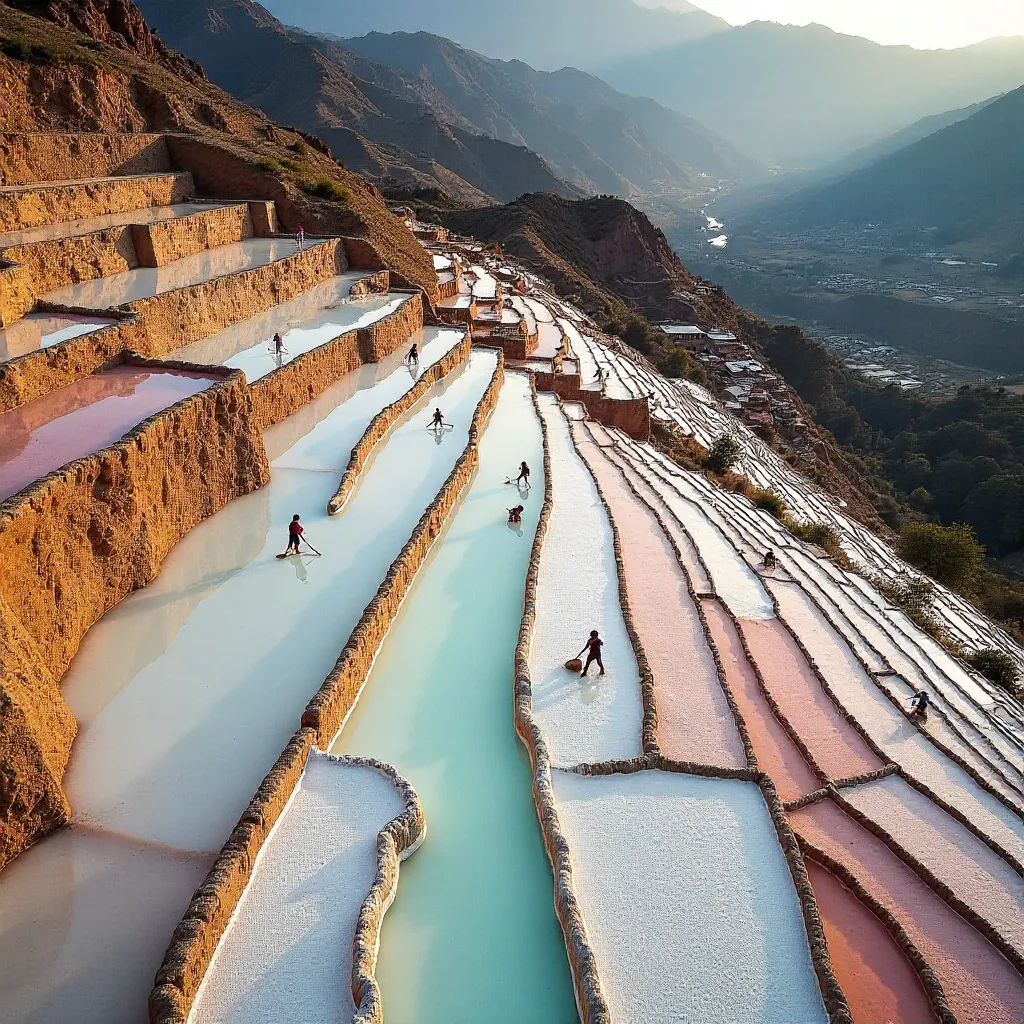 Aerial View: Maras Salt Ponds in the Andes