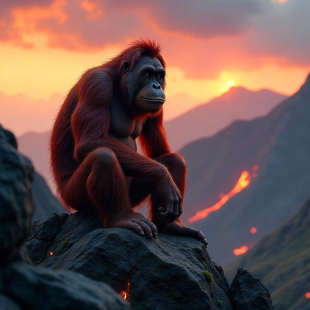 3D Rendered Orangutan on Volcanic Rocks at Dusk