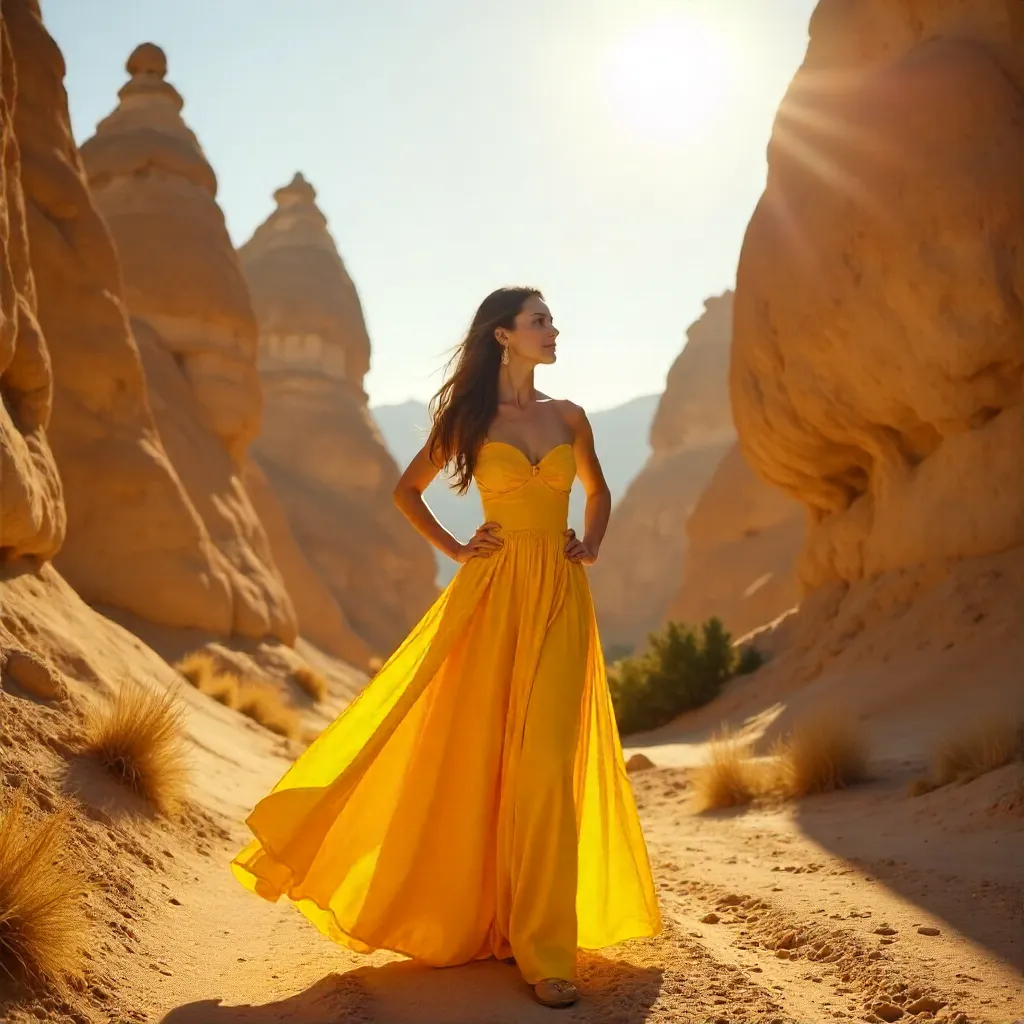 Confident Yellow Dress Amid Cappadocian Towers