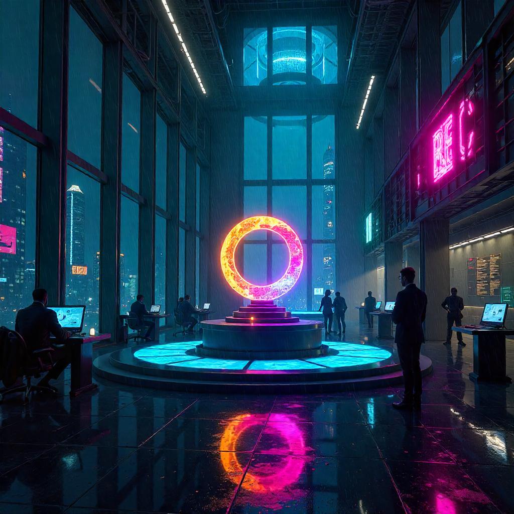Infinity Stone in a Neon Cyberpunk Office