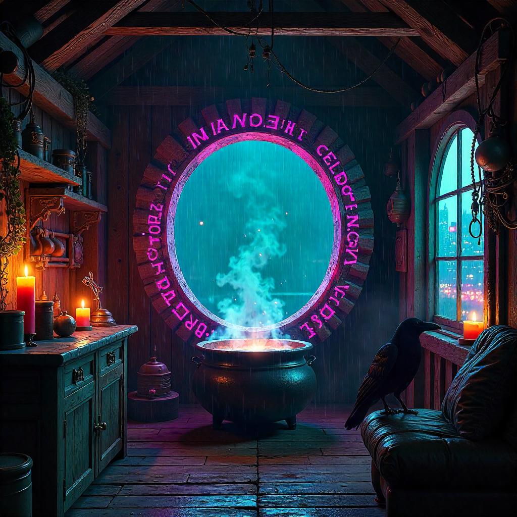 Gateway Neon Portal in a Witch's Cyberpunk Hut