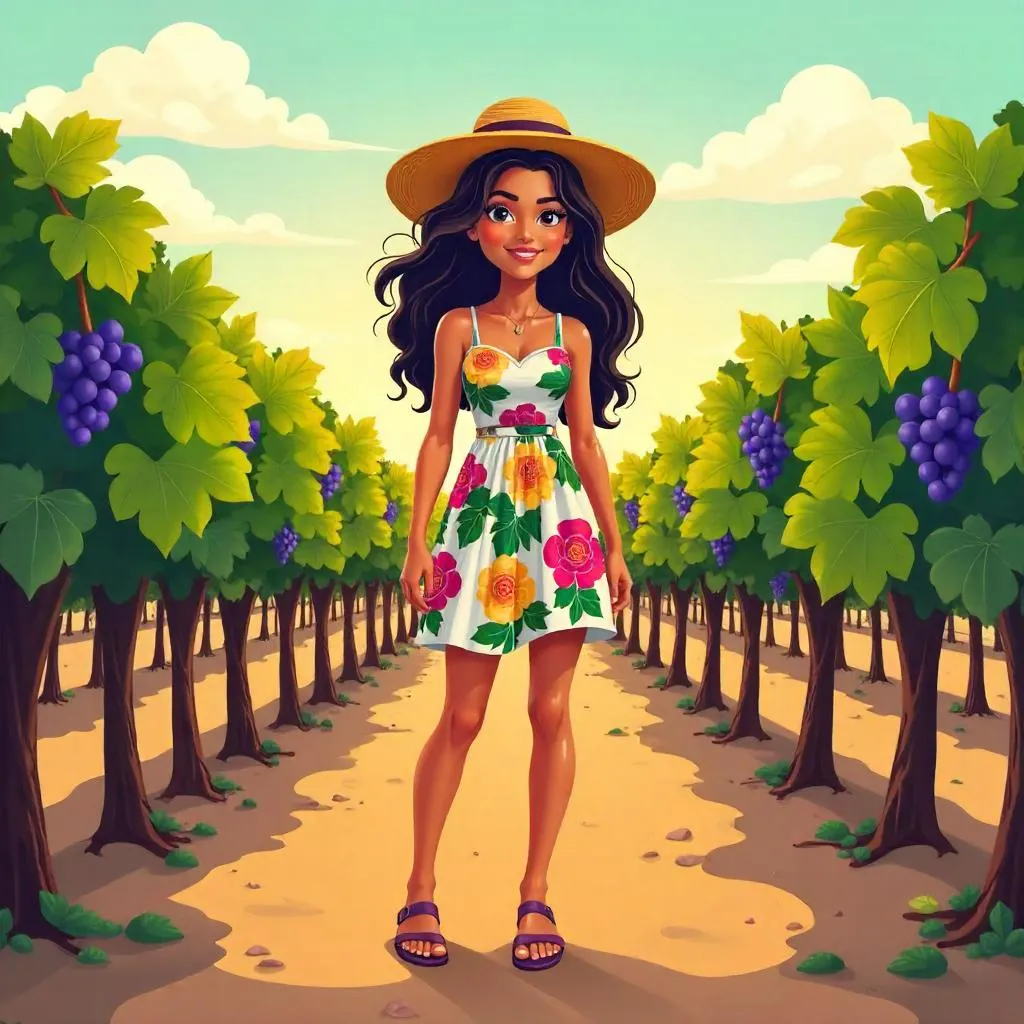 Stylish Latina Cartoon Girl in a Vineyard