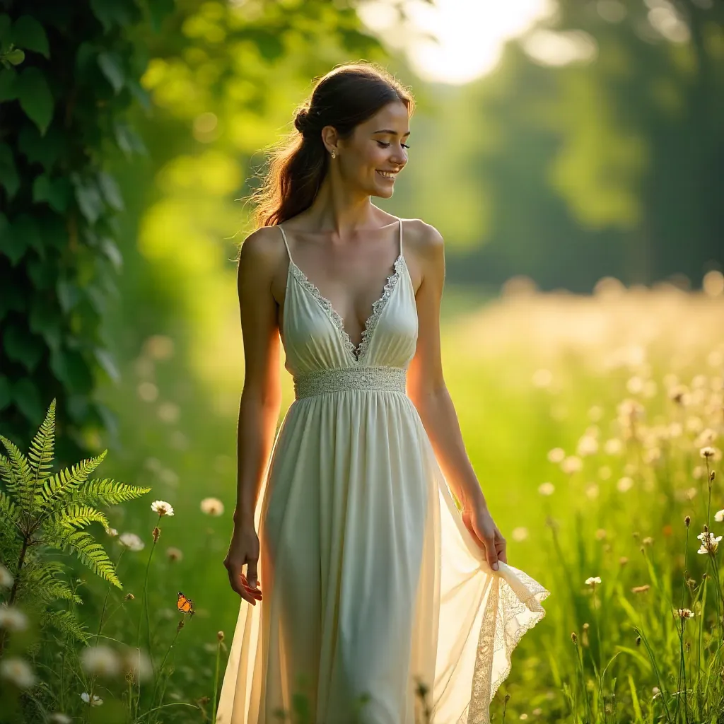 Serene White Dress in Sunlit Greenery