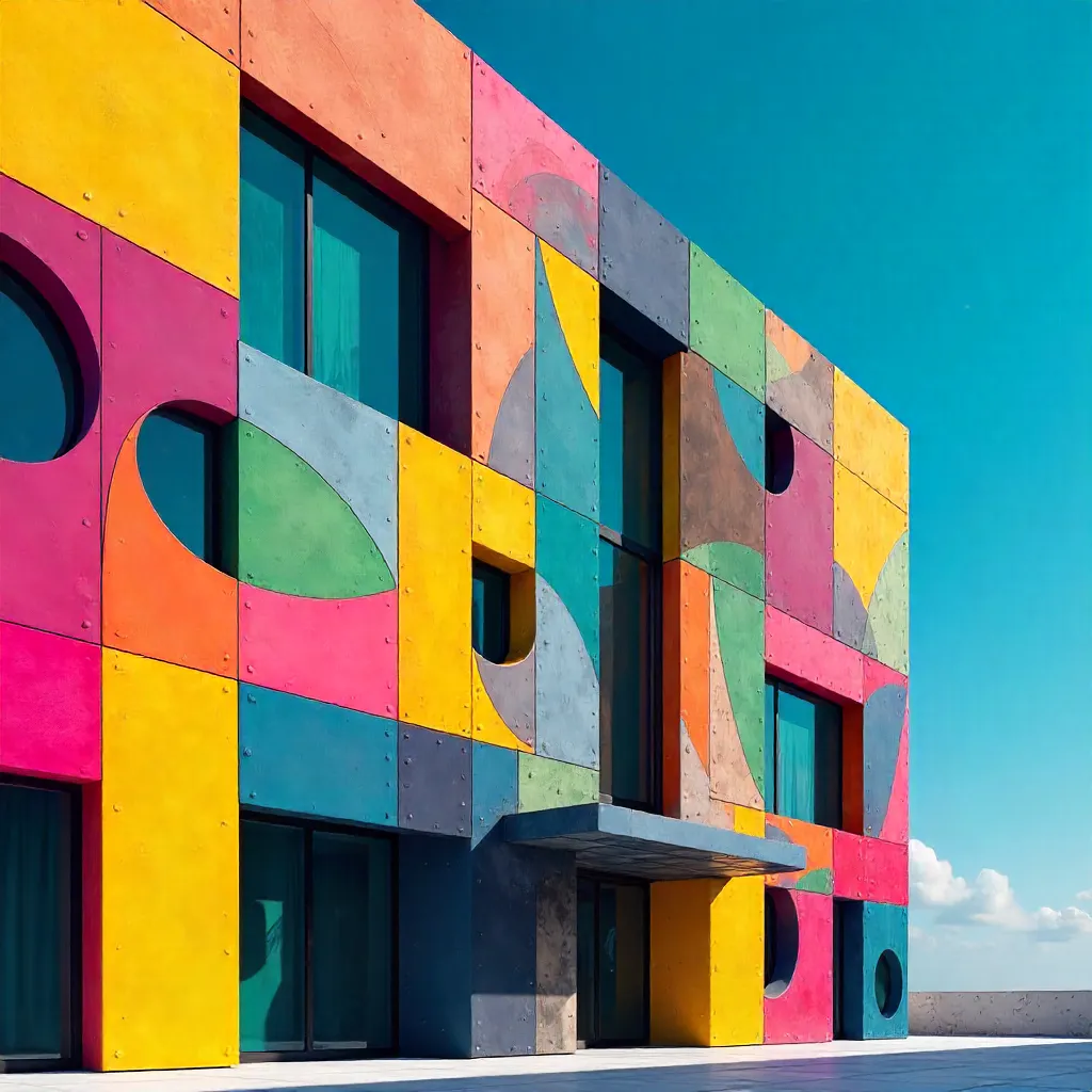 Vibrant Geometric Facade Against a Blue Sky