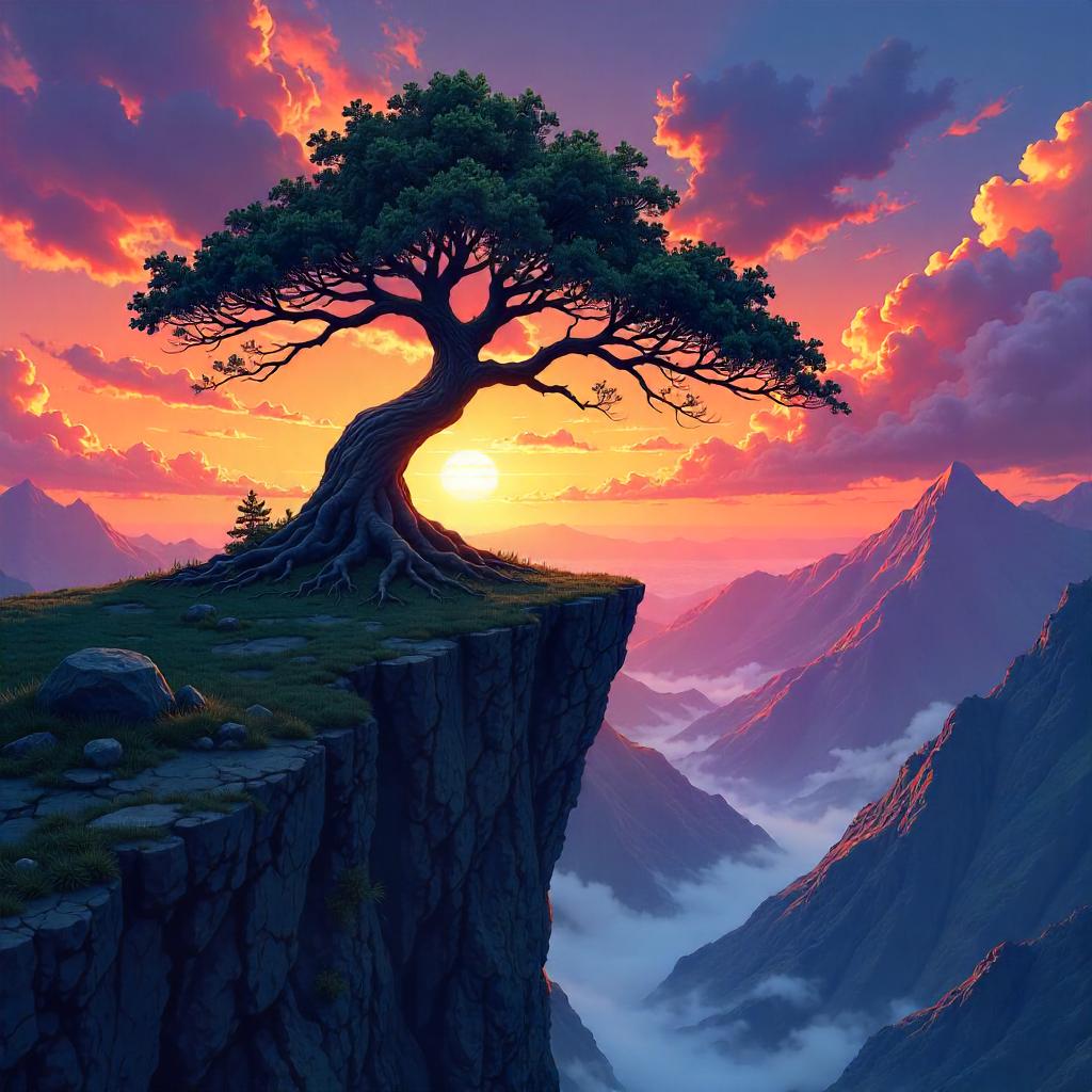 Lone Anime Tree Perched on a Cliff Edge