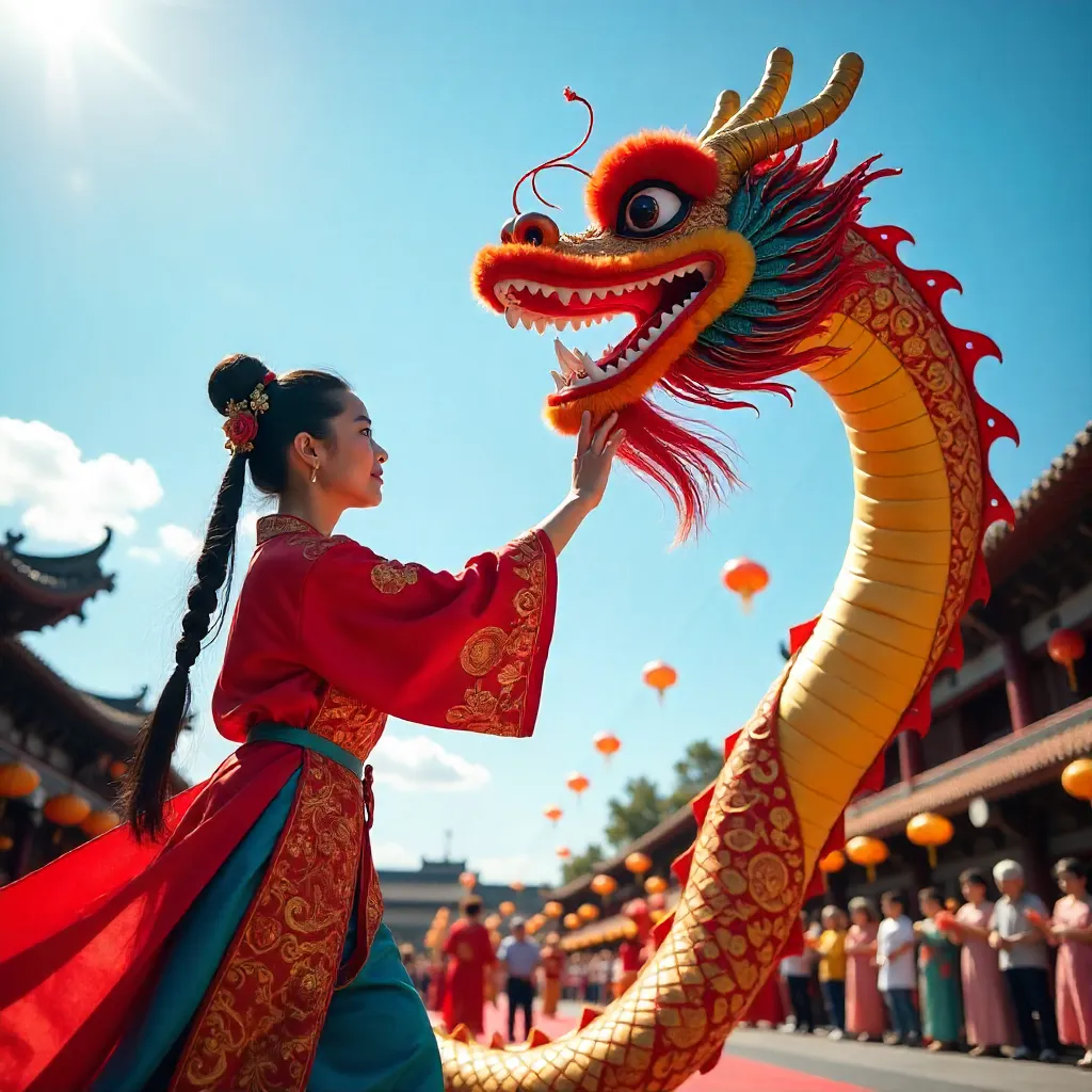 Vibrant Dragon Dance Under a Clear Sky