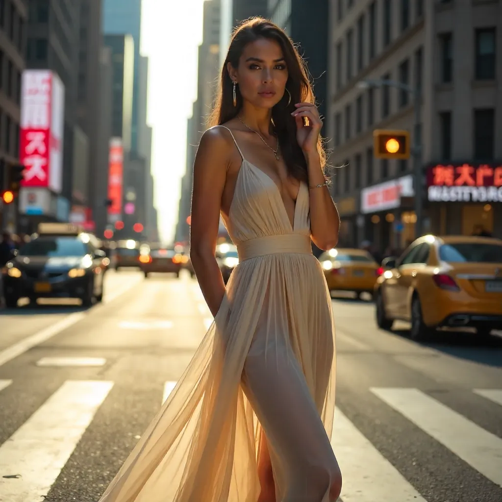 Elegant Sheer-Dress Pose at Bustling City Intersection