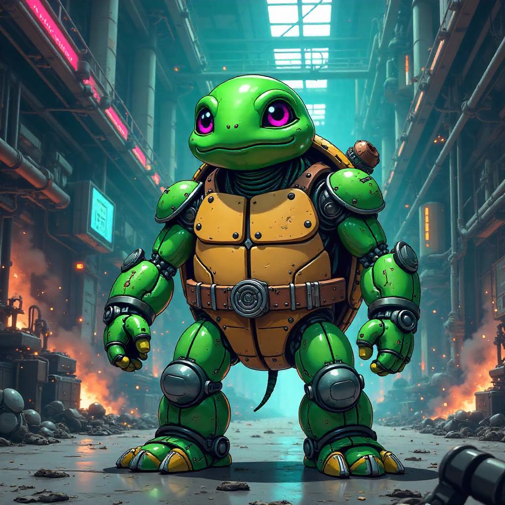 Turtle Mech in Neon Robot Factory (Anime Style)