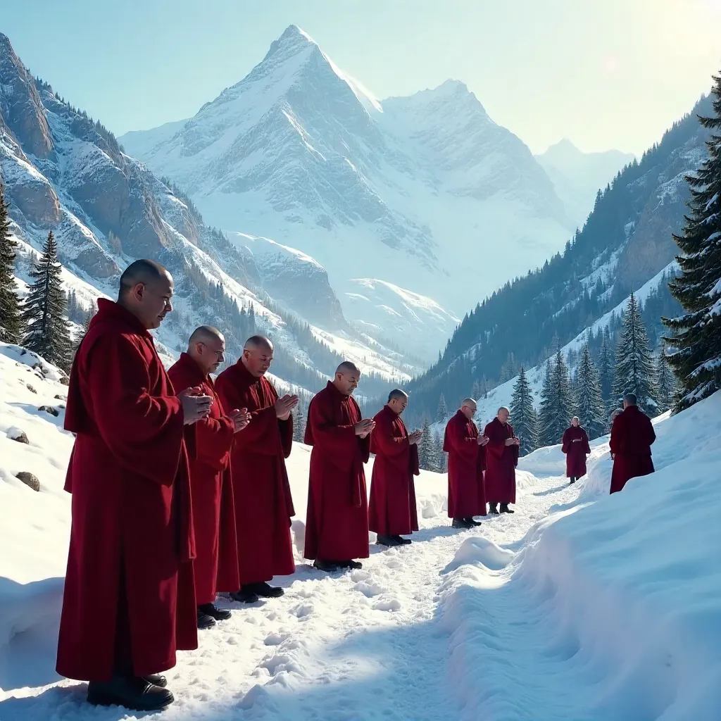 Monks in Red Robes Among Snowy Mountains
