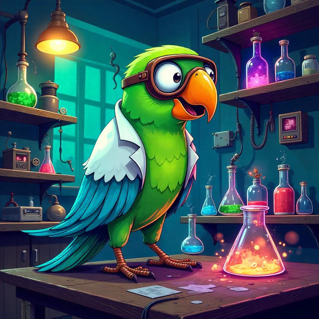 Parrot in a Mad Scientist Lab (Cartoon Style)