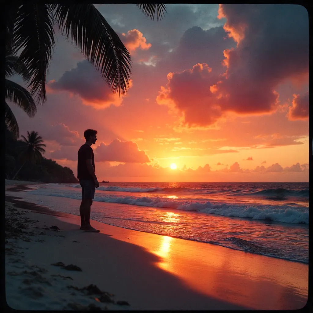 Vintage Beach Sunset Silhouette