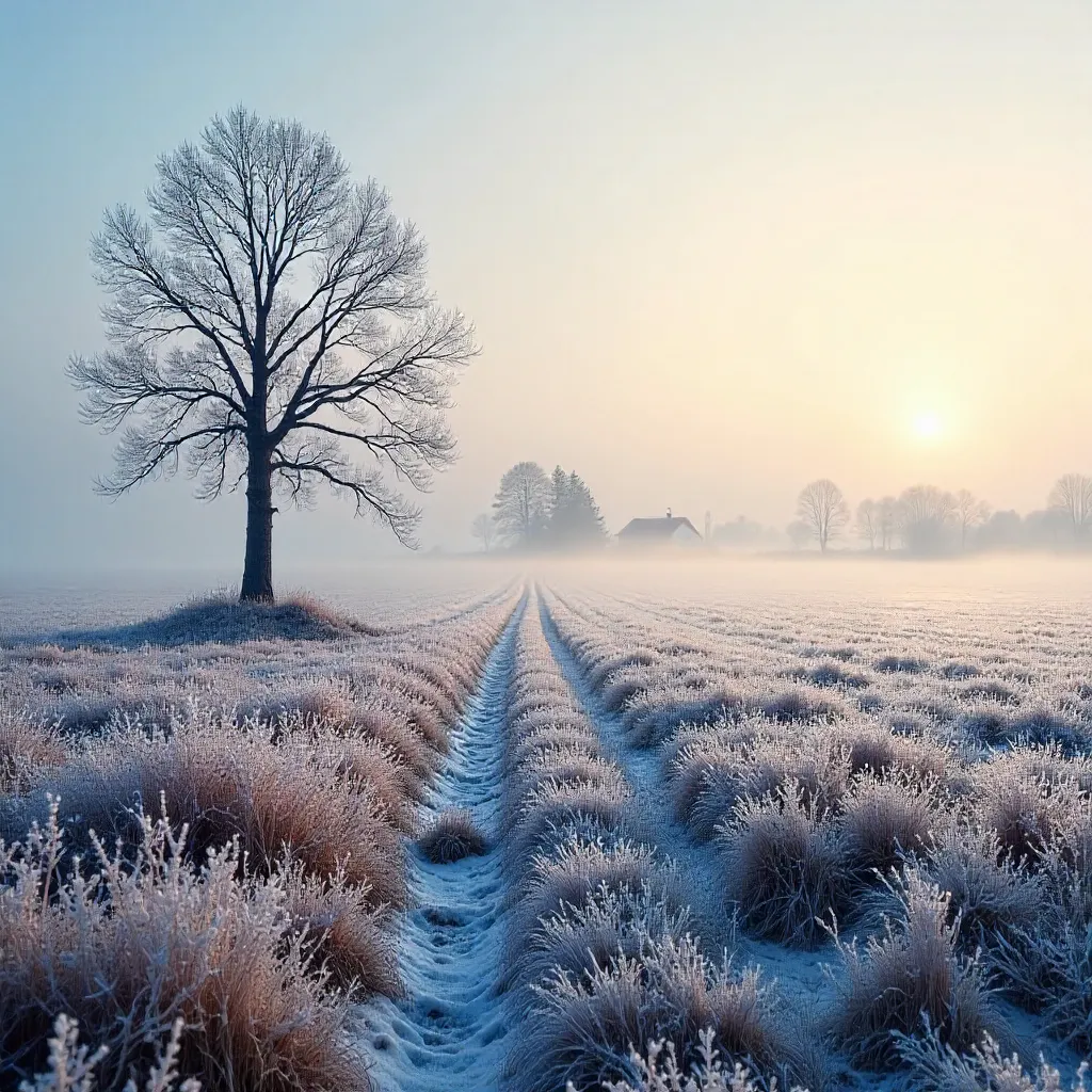 Lone Frosted Tree in a Misty Czech Winter Landscape