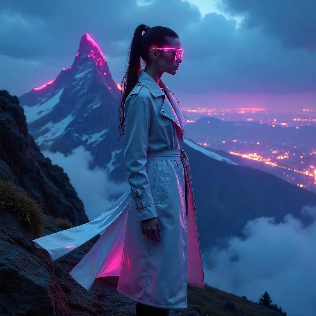 Elegant Cyberpunk Woman in Mountain Peaks