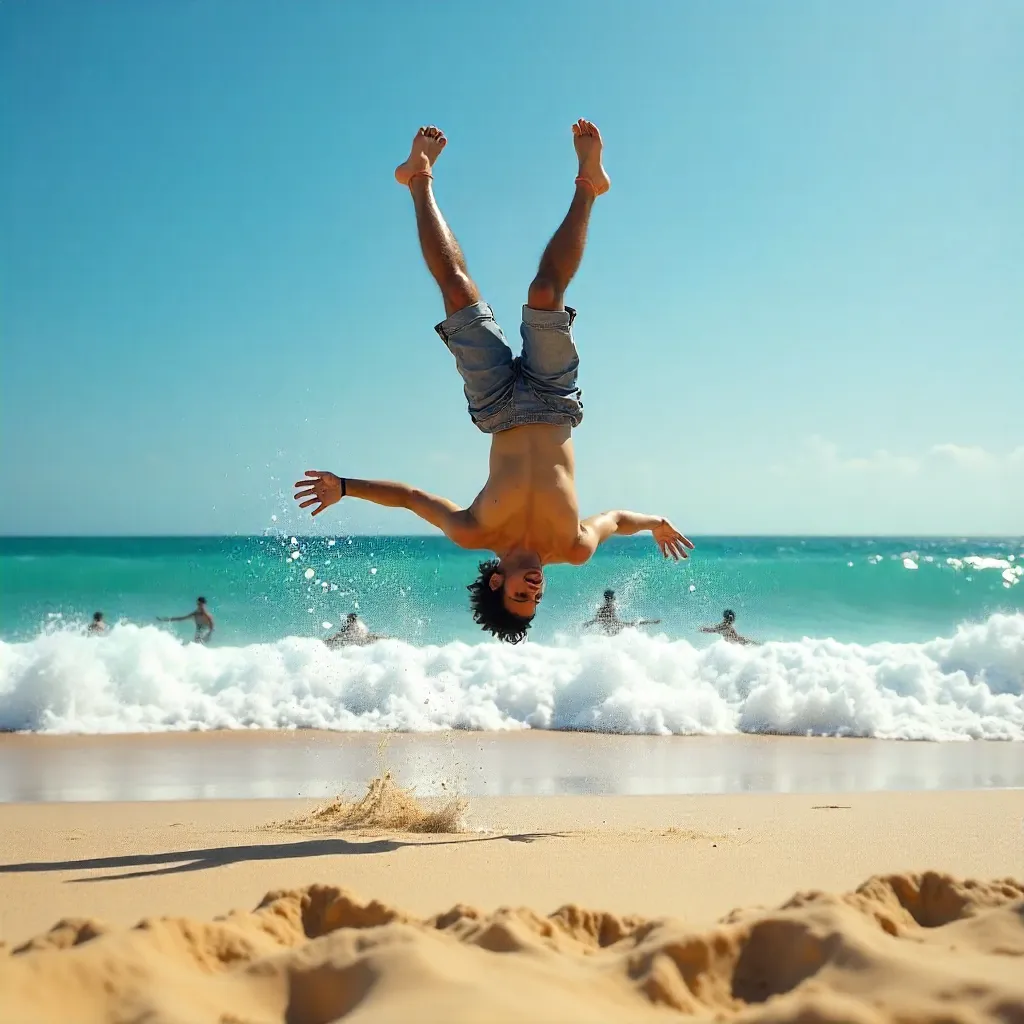 Backflip by the Ocean under a Clear Blue Sky