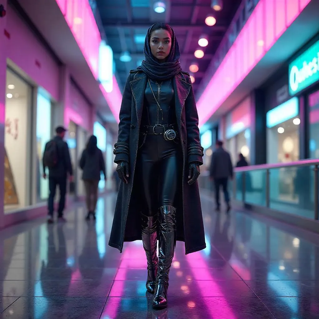 Neon Mirage: Cyberpunk Mall Muse