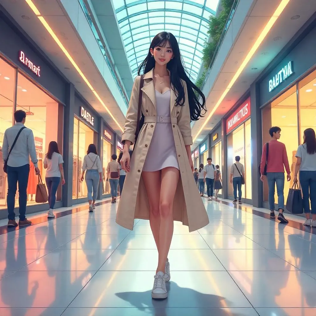 Anime-Style Asian Woman in a Lively Mall