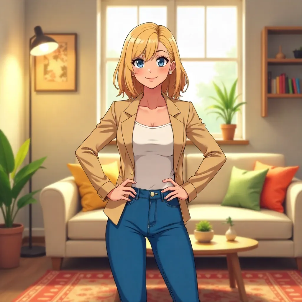 Confident Anime Woman in a Cozy Living Room