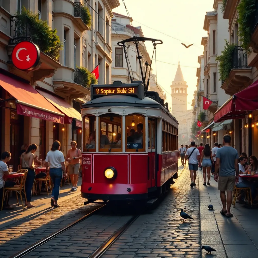 Iconic Red Nostalgia Tram on Istiklal Avenue, Istanbul