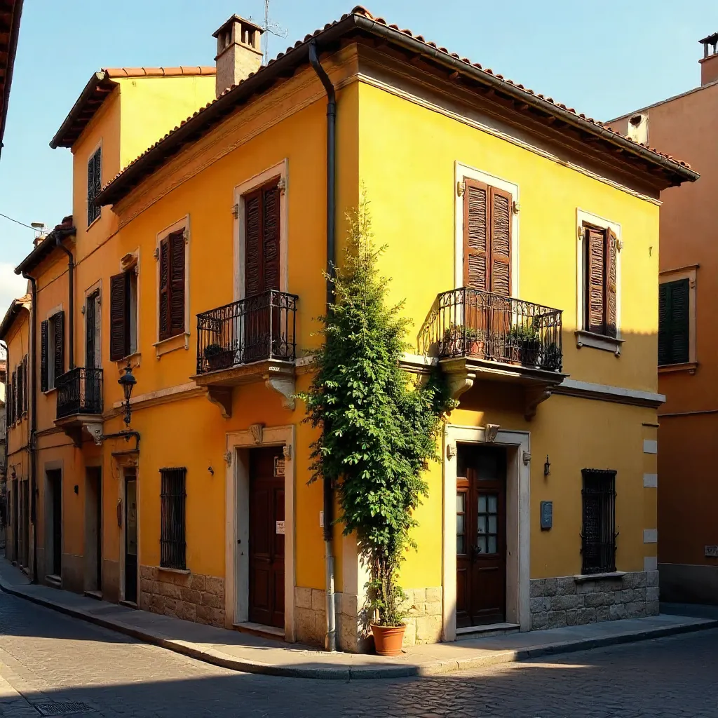 Golden Roman Corner: Ivy-Wrapped Architecture