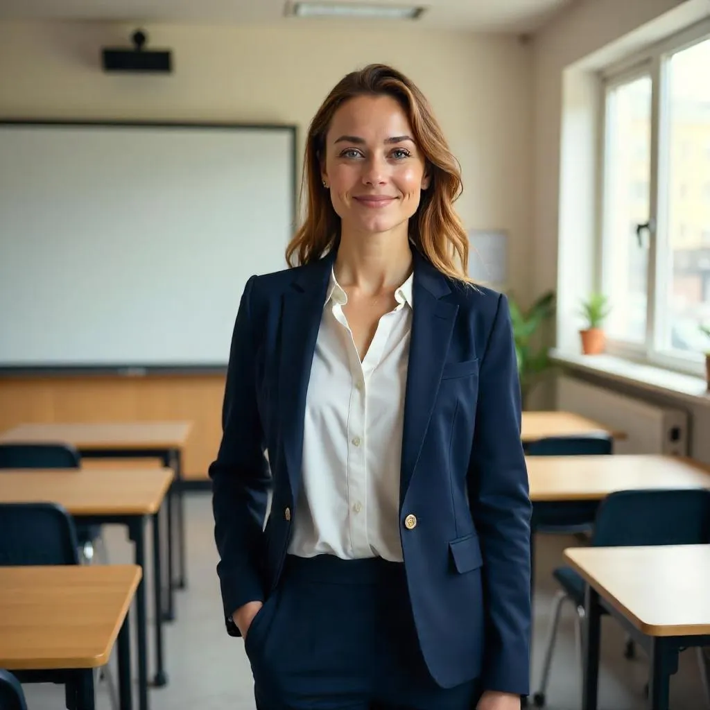 Confident White Woman Teaching in a Modern Classroom