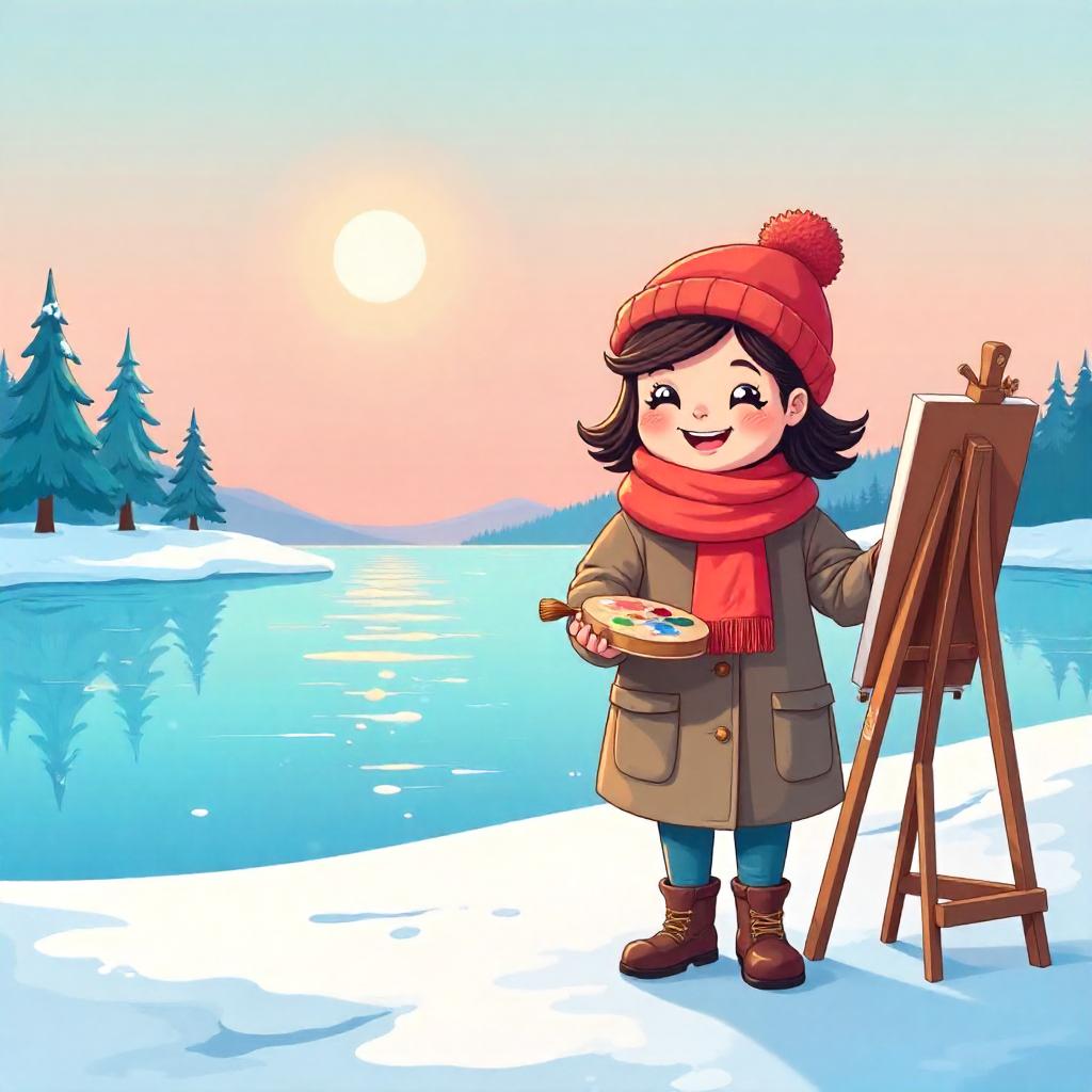Cartoon Artist Painting on a Frozen Lake