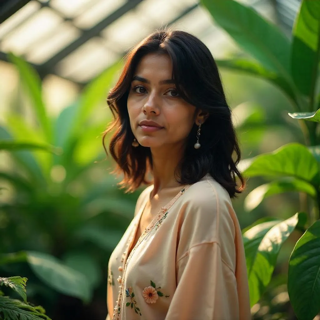 Photorealistic Portrait of a Young Indian Woman in a Greenhouse