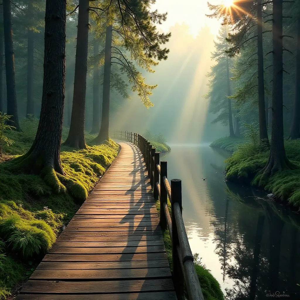 Tranquil Forest Boardwalk Winding Through Whispering Woods