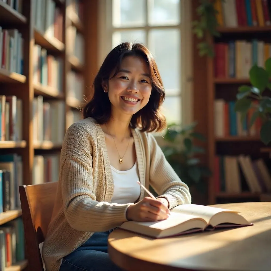 Radiant Reading: A Cheerful Asian Woman in a Cozy Library