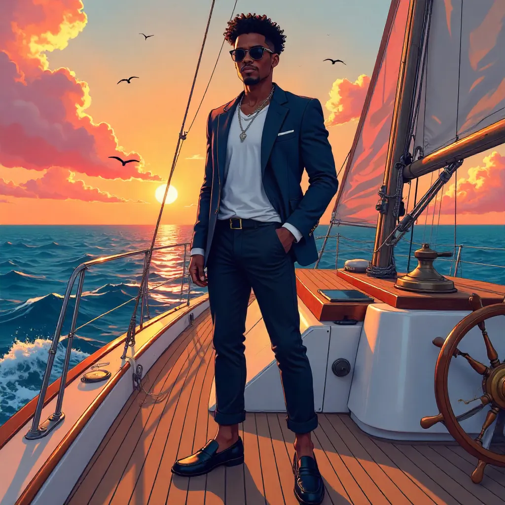 Stylish Black Man on a Boat in Anime Style