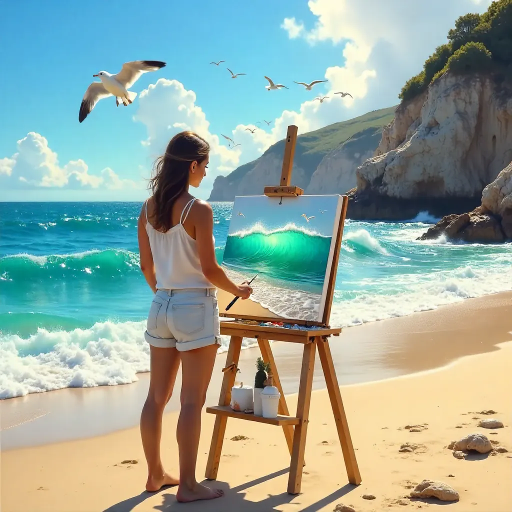 Sunlit Seascape: Painter on a Cliffside Beach