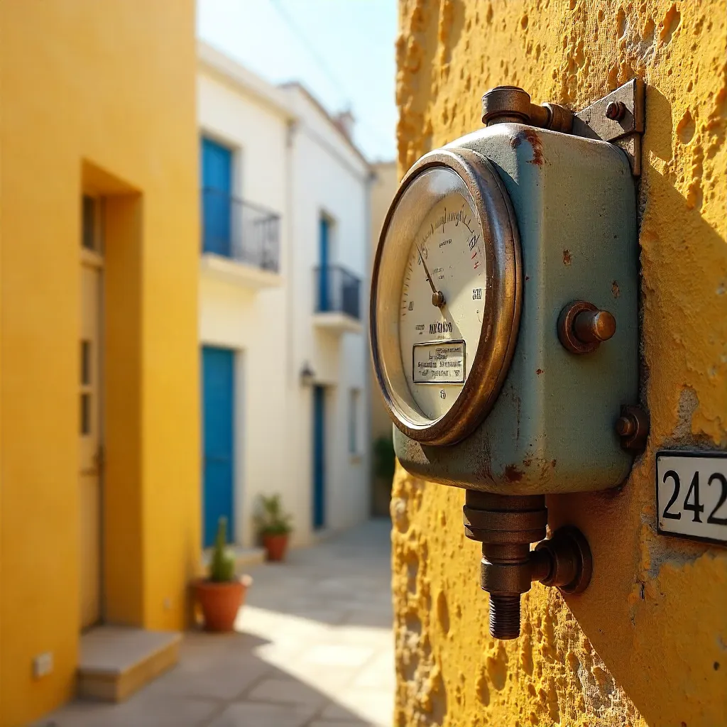 Vintage Meter on Yellow Wall in Keri, Greece, 242