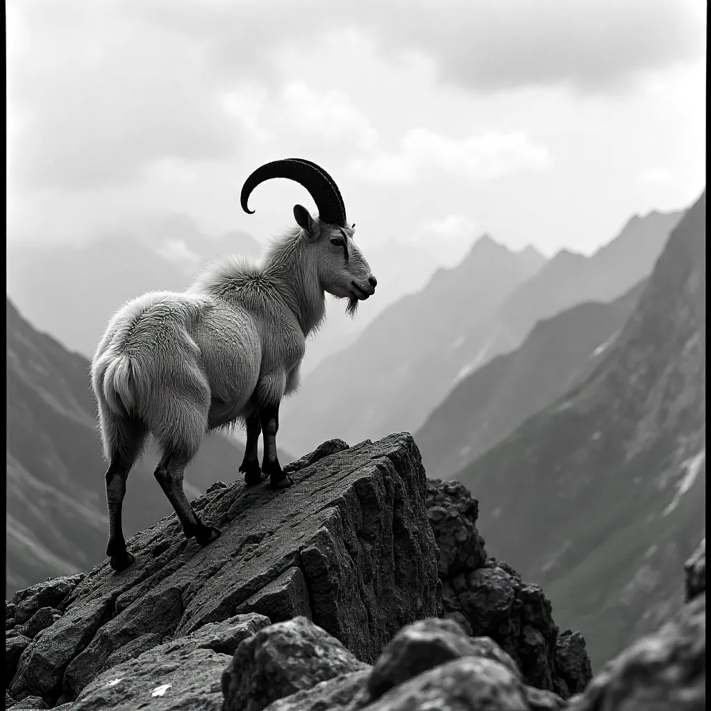 Monochrome Alpine Goat on a Jagged Peak