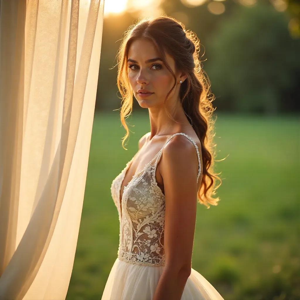 Sunlit Lace: Outdoor Bride Among Flowing Curtains