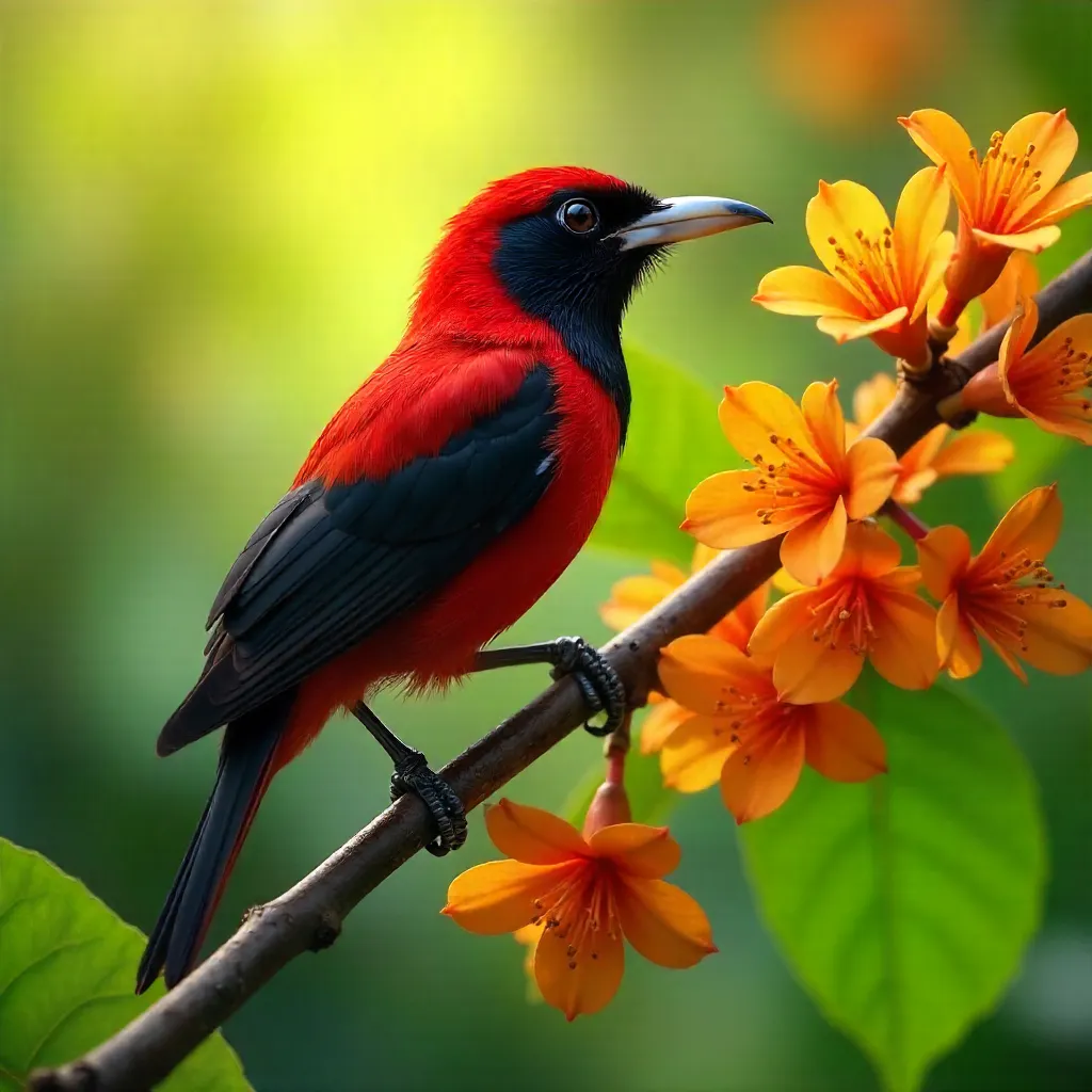 Scarlet-backed Flowerpecker Amid Orange Blooms