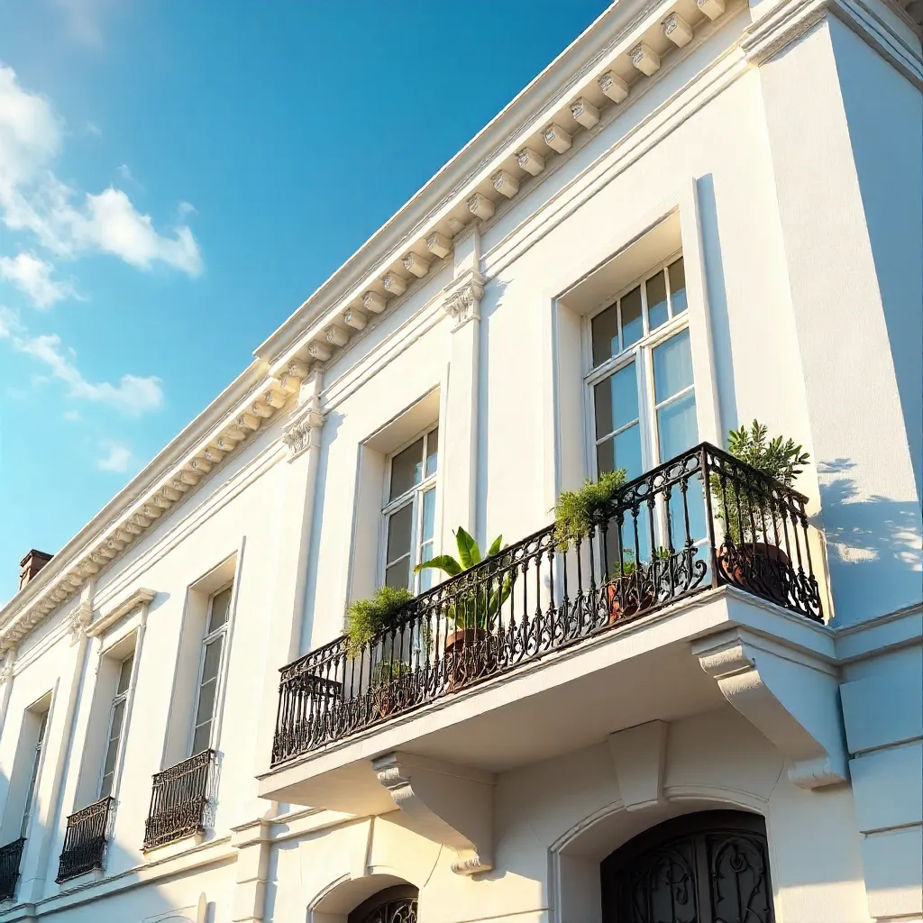 Elegant White Building with Balcony under a Blue Sky