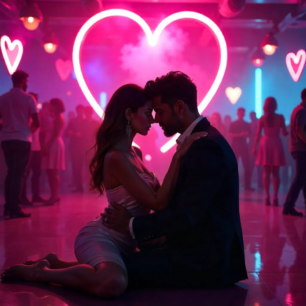 Couple Embracing in a Heart-Neon Club at Midnight