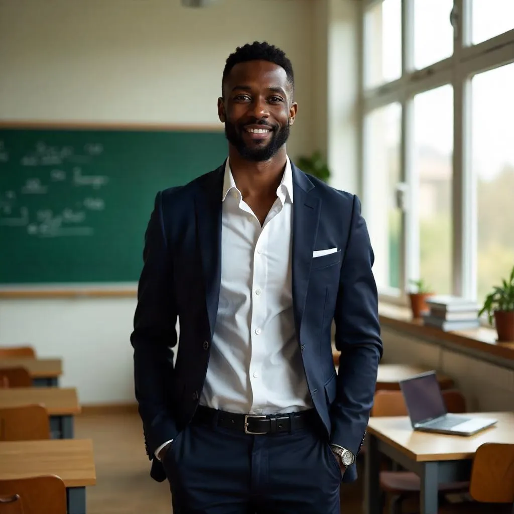 Portrait of a Handsome Black Man in a Classroom