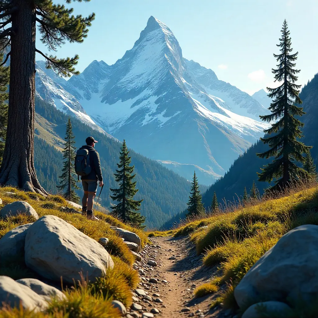 Hiker on a Trail Admiring a Mountain Vista