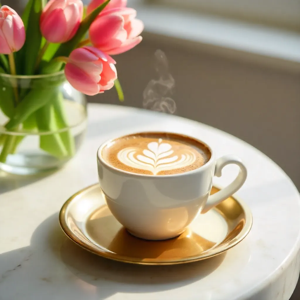 Latte Art on Gold Tray with Pink Tulips