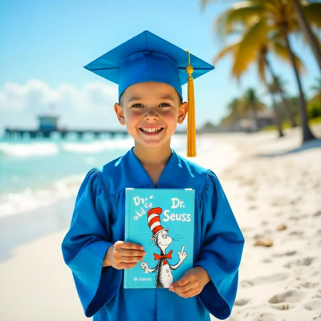 Blue-Gown Graduate with Dr. Seuss Book in Delray Beach