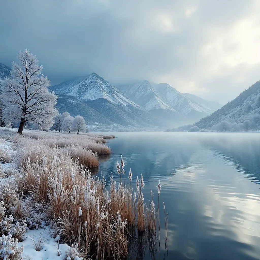 Winter Reverie: Snowy Ohrid Peaks and Reeds