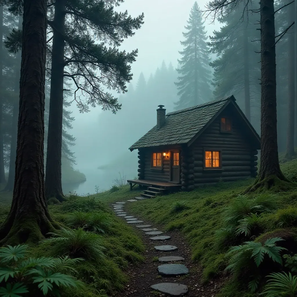 Secluded Cabin in a Misty Green Forest
