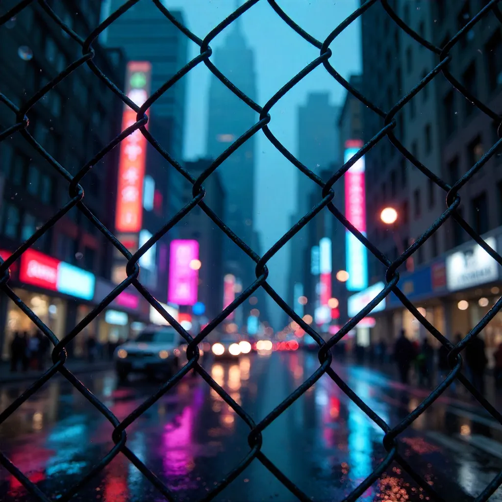 Chain-Link Framed Skyscraper Street Scene