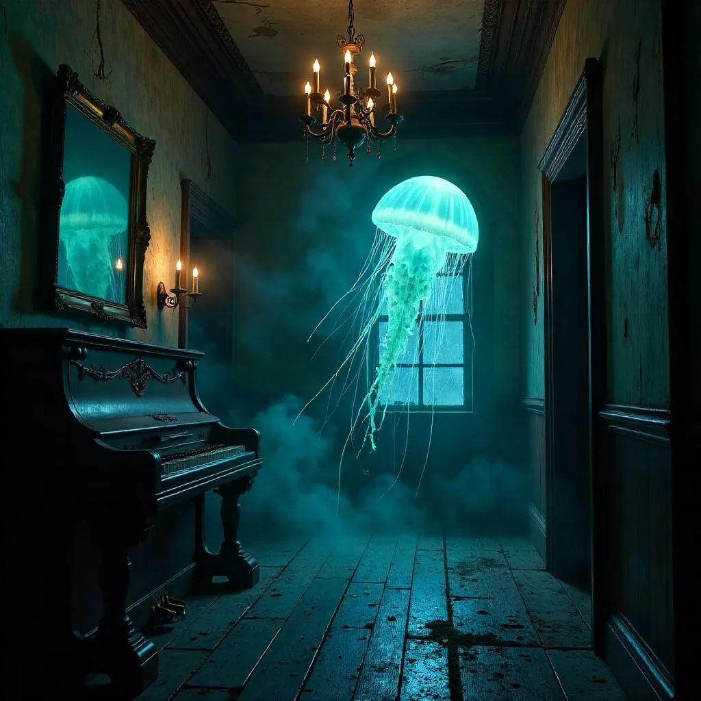 Photoreal Jellyfish Haunting in an Old Mansion