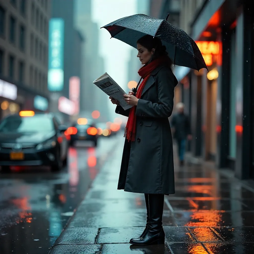 Chic Woman Reading Newspaper in Rainy City