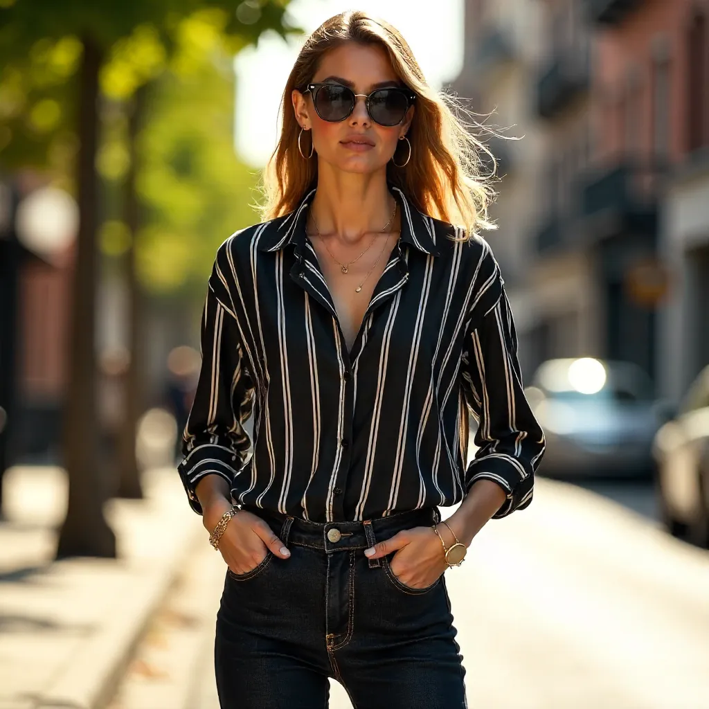 Confident Street Style: Striped Shirt & Sunglasses