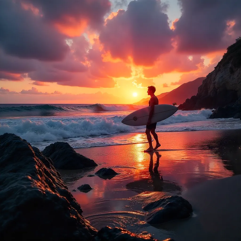 Silhouette Surfer at Sunset on Portuguese Rocky Beach