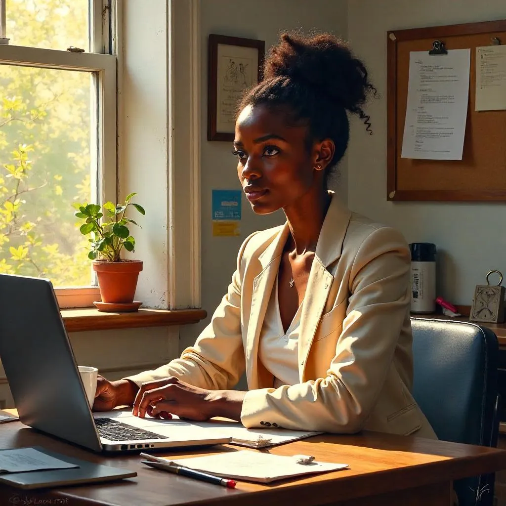 Oil Portrait of a Young Black Woman at a Quiet Workspace