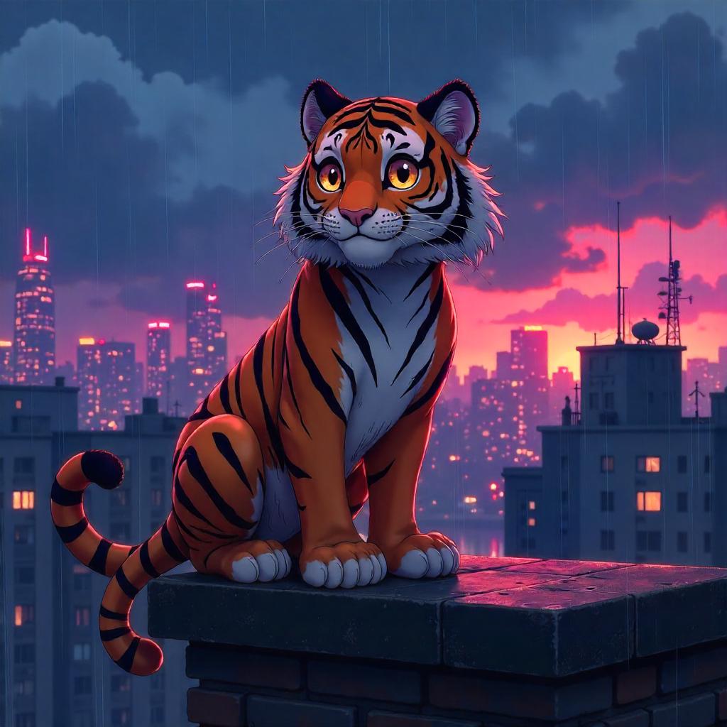 Anime Tiger on Rooftop Under Neon Sky