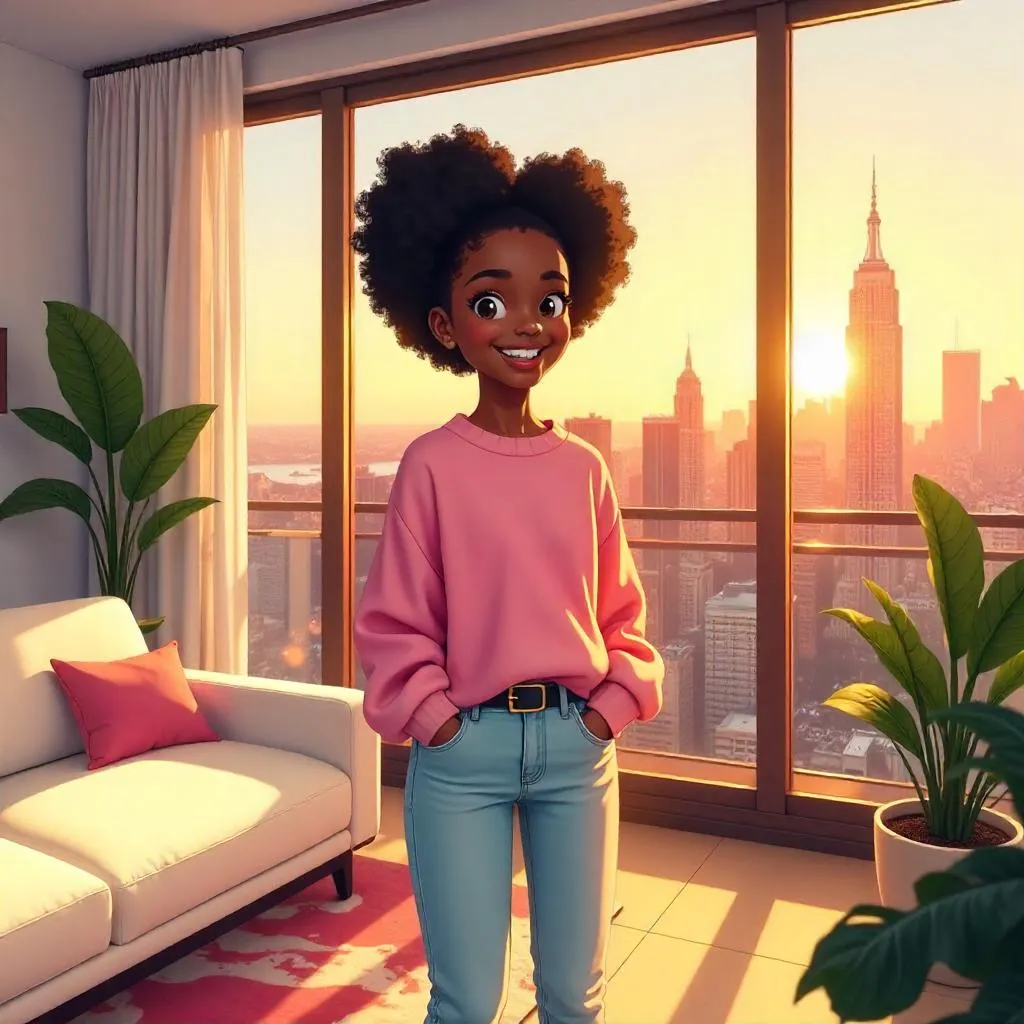 Cheerful Black Girl in a Penthouse - Anime Style